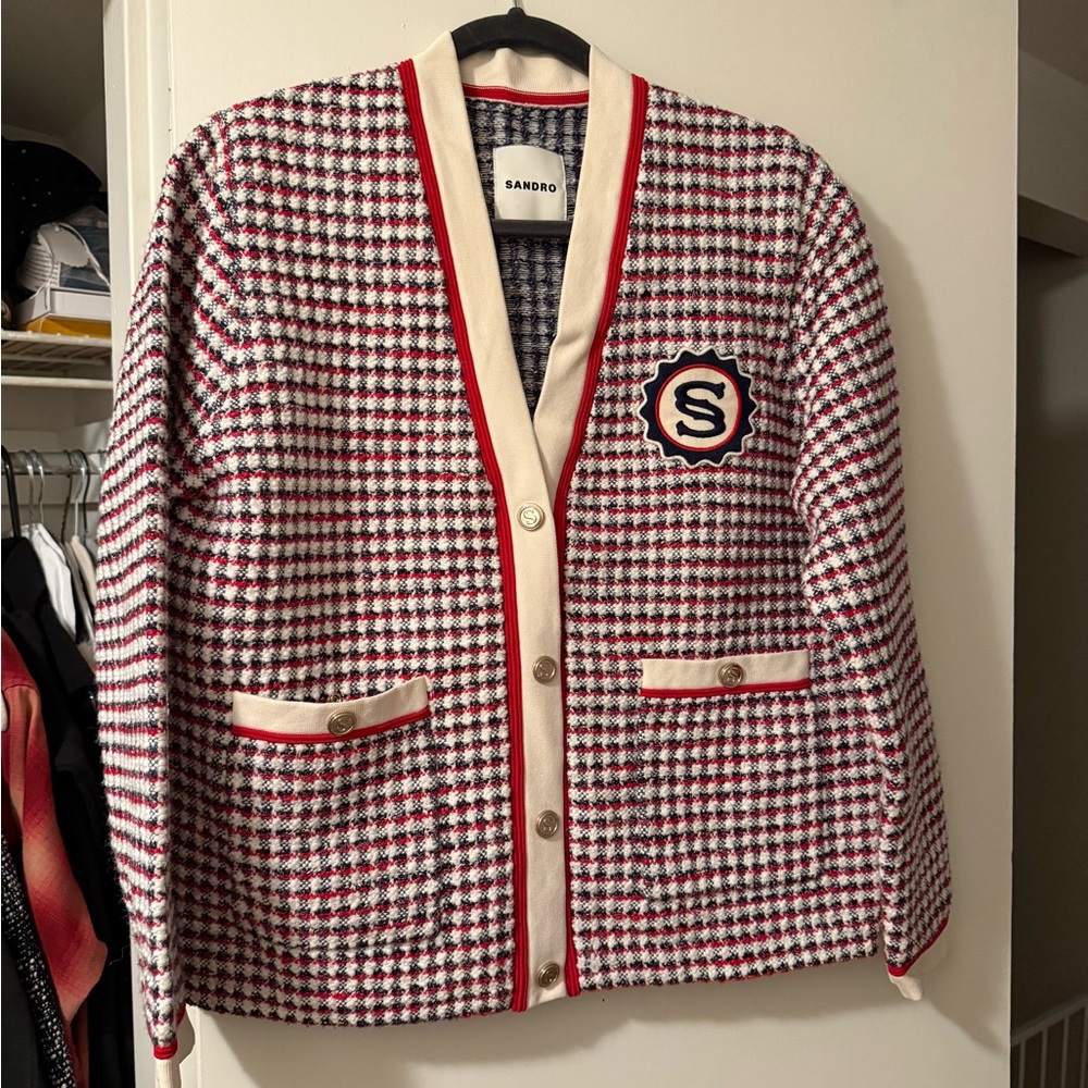 Sandro Red and White Houndstooth Cardigan